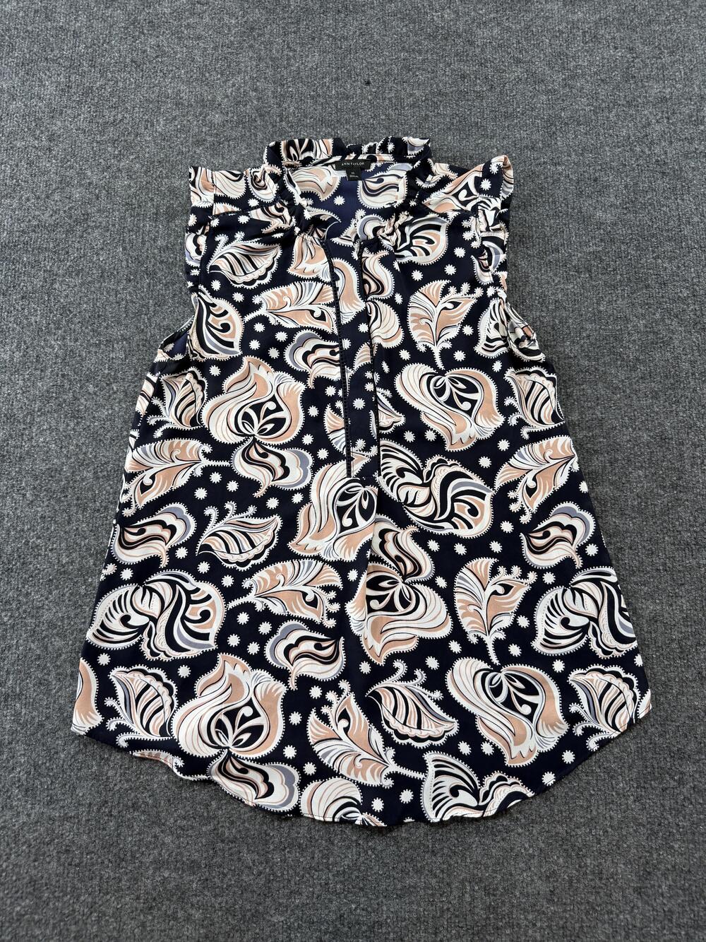 Ann Taylor Blouse Womens XS Blue Paisley Print Ruffle High Neck Sleeveless Top